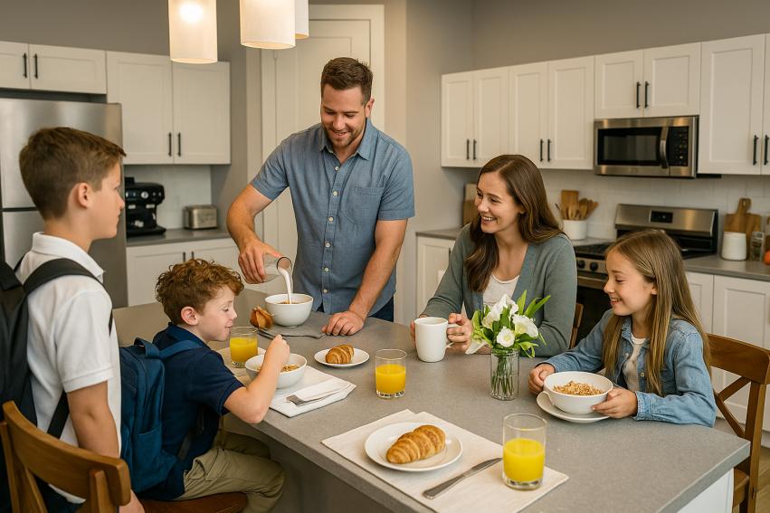 Family enjoying breakfast together in Legacy Estates kitchen