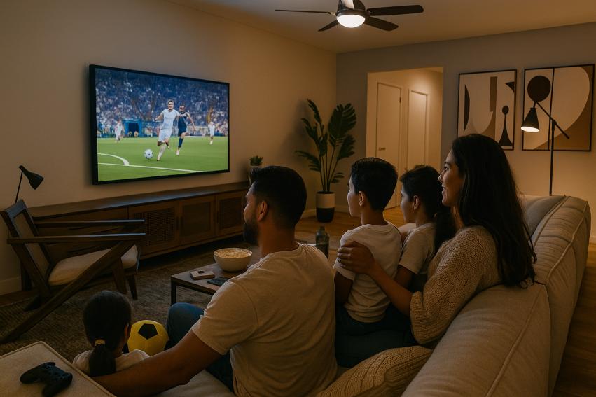Family room with family watching TV